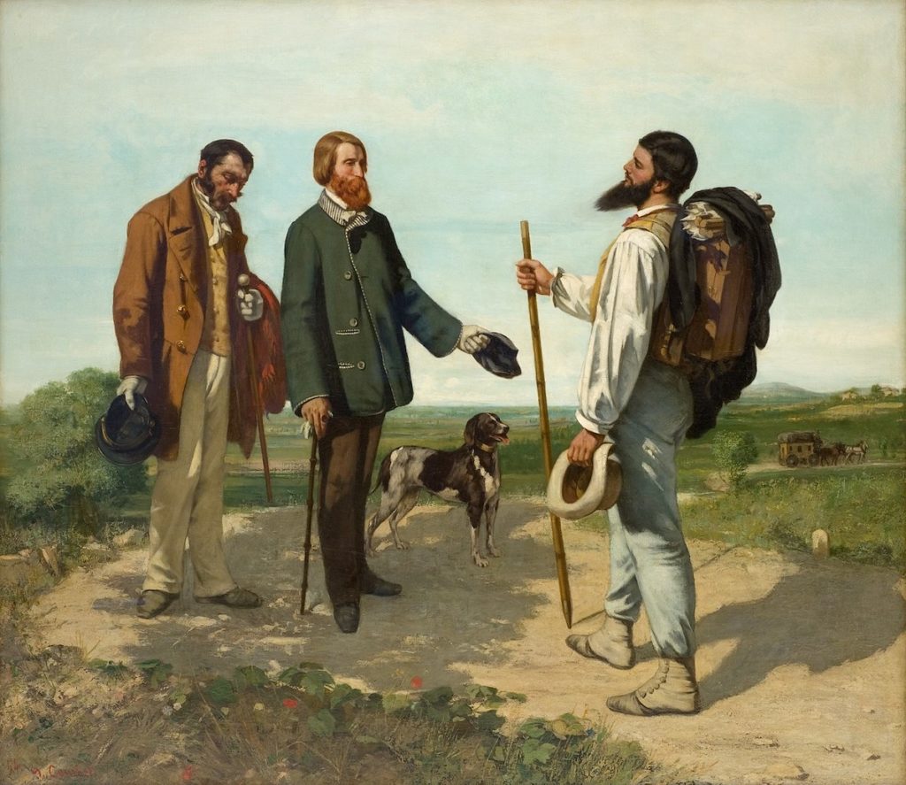 Gemälde mit drei Wanderern und einem Hund