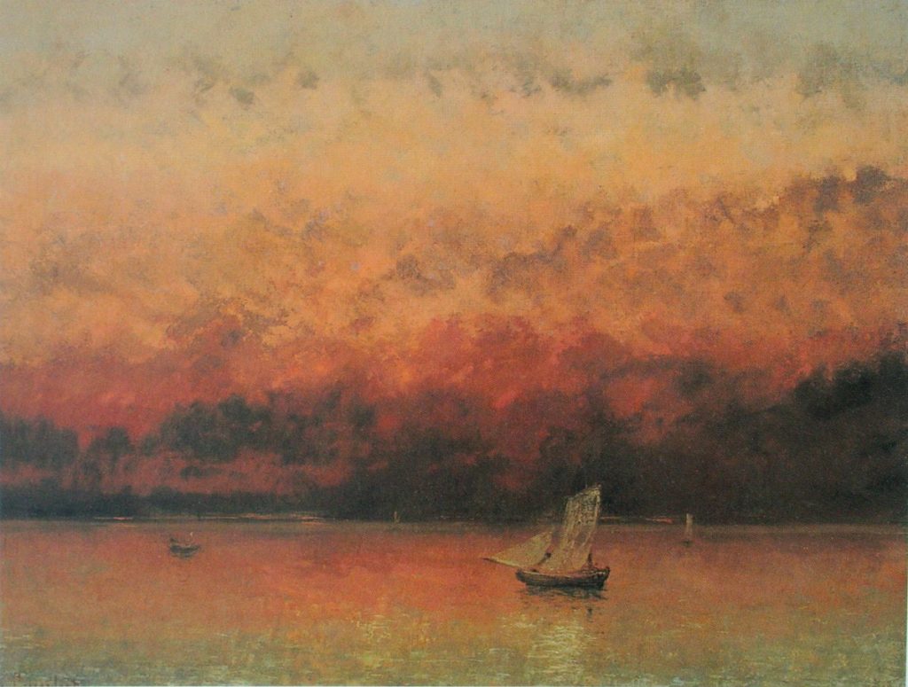 Gemälde mit einem See, darauf ein Segelboot in orangener Abendstimmung 