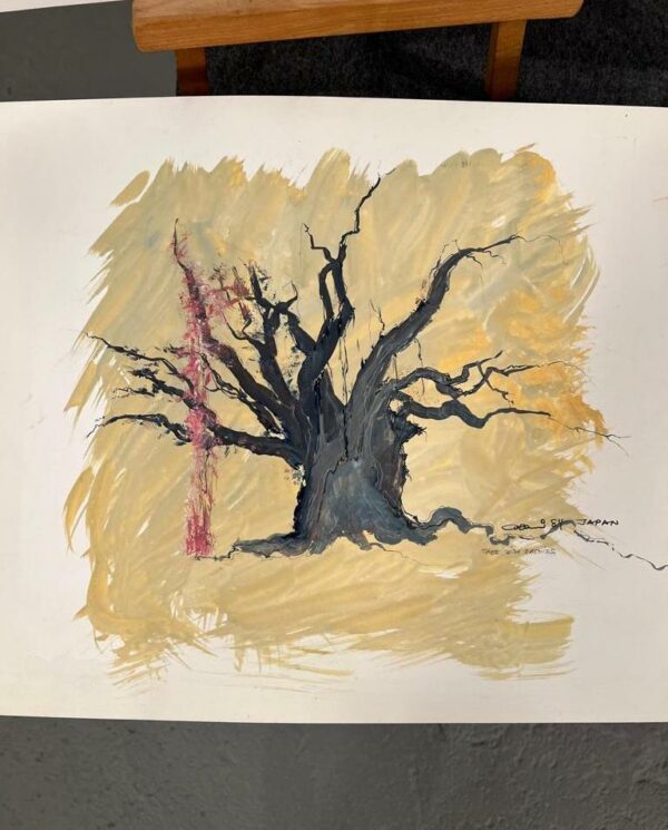 Zeichnung eines Baumes auf gelben Grund, Mischtechnik auf Pappe, Luigi Collani